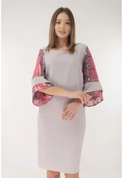 Rochie din stofa gri cu maneci din voal cu print floral imagine