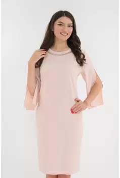 Rochie din stofa roz-pudra cu accesorii aurii la decolteu imagine