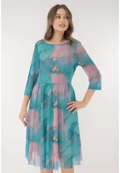 Rochie din tulle cu print abstract albastru-roz imagine