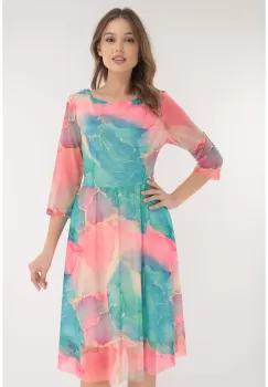 Rochie din tulle cu print abstract corai-turcoaz imagine