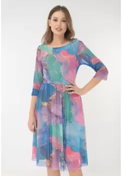 Rochie din tulle cu print abstract turcoaz-violet imagine