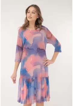 Rochie din tulle cu print abstract violet-corai imagine