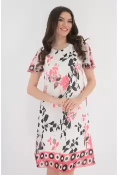 Rochie din voal alb cu print floral si bordura roz imagine