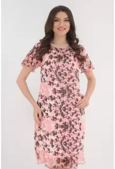 Rochie din voal roz cu imprimeu floral maro imagine
