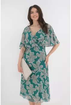 Rochie din voal verde cu print floral si decolteu parte peste parte imagine