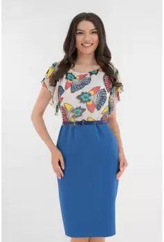 Rochie dreapta albastra cu voal alb imprimat imagine