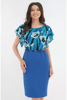 Rochie dreapta albastra cu voal bleu imprimat imagine