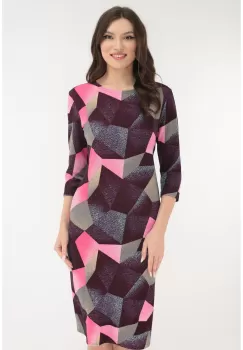 Rochie dreapta cu print abstract roz-grena imagine