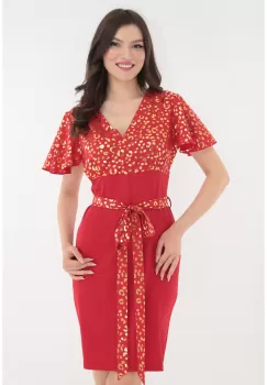 Rochie dreapta rosie cu imprimeu auriu imagine