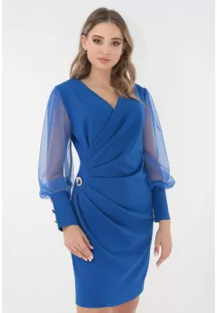 Rochie eleganta albastra accesorizata cu brosa in talie imagine