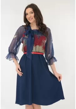 Rochie eleganta albastra cu imprimeu abstract rosu imagine