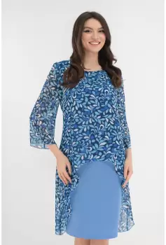 Rochie eleganta albastra cu imprimeu floral si aspect suprapus imagine