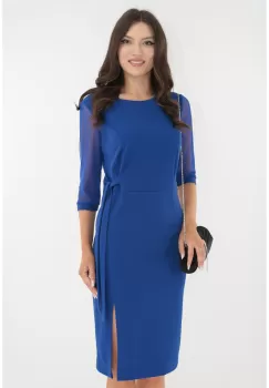 Rochie eleganta albastra cu maneci din tulle si cordon in talie imagine