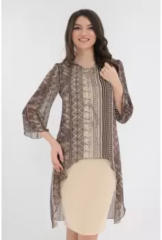 Rochie eleganta bej cu imprimeu geometric si aspect suprapus imagine