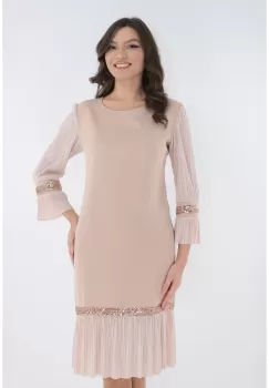 Rochie eleganta bej cu paiete si matase plisata imagine