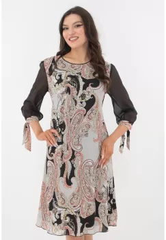 Rochie eleganta bej cu print abstract si maneci din voal imagine