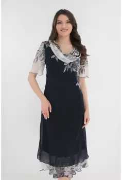 Rochie eleganta bleumarin cu bordura florala alb-gri imagine