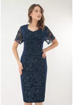 Rochie eleganta bleumarin cu broderie florala imagine