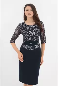 Rochie eleganta bleumarin cu dantela crem imagine