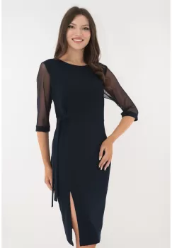 Rochie eleganta bleumarin cu maneci din tulle si cordon in talie imagine