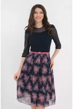 Rochie eleganta bleumarin cu pliuri si flori roz imagine