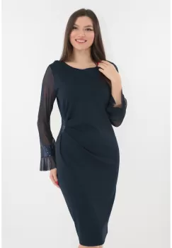 Rochie eleganta bleumarin cu pliuri si paiete imagine