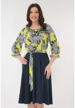 Rochie eleganta bleumarin-galben cu imprimeu floral imagine