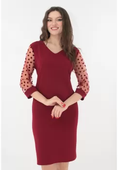 Rochie eleganta bordo cu maneci din tull cu buline din catifea imagine
