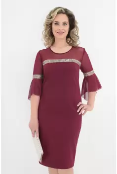 Rochie eleganta bordo cu tull si banda cu paiete aurii imagine