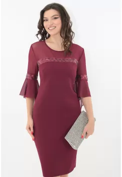 Rochie eleganta bordo cu tull si banda decorativa cu paiete imagine