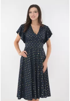 Rochie eleganta clos bleumarin cu print auriu imagine