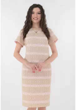 Rochie eleganta cu model geometric roz-crem si fir auriu imagine