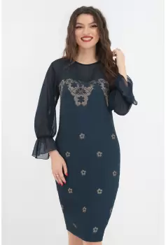Rochie eleganta din brocard bleumarin si voal imagine