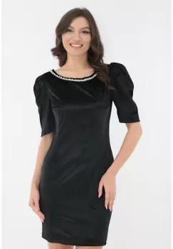 Rochie eleganta din catifea neagra cu margelute si funda satinata ivory imagine