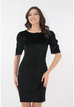 Rochie eleganta din catifea neagra cu paiete si funda satinata magenta imagine