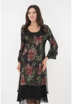Rochie eleganta din lurex cu print floral si mesh negru imagine