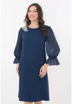 Rochie eleganta din stofa bleumarin cu maneci din voal plisat imagine