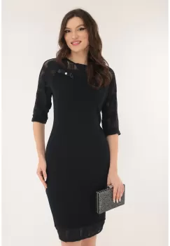 Rochie eleganta din stofa bleumarin texturata si dantela imagine