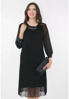 Rochie eleganta din tull negru cu insertii din satin si perle albe la decolteu imagine