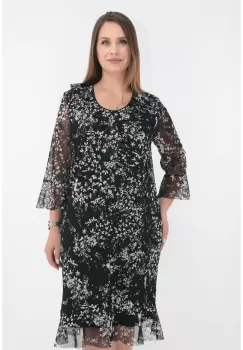 Rochie eleganta din tulle negru cu print floral alb si volanase la decolteu imagine