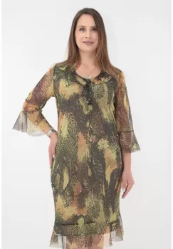 Rochie eleganta din tulle olive cu print abstract si volanase la decolteu imagine