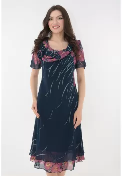 Rochie eleganta din voal bleumarin cu flori roz imagine