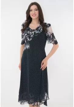 Rochie eleganta din voal bleumarin cu flori si buline imprimate imagine