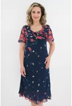 Rochie eleganta din voal bleumarin cu imprimeu floral rosu imagine