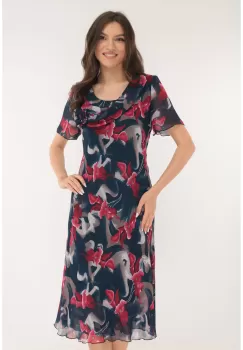 Rochie eleganta din voal bleumarin cu print abstract rosu-bej imagine