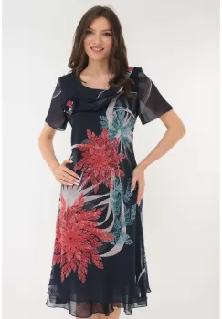 Rochie eleganta din voal bleumarin cu print floral rosu maxi imagine