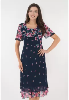 Rochie eleganta din voal bleumarin cu print floral roz imagine