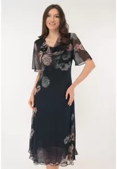 Rochie eleganta din voal bleumarin cu trandafiri bej imprimati imagine