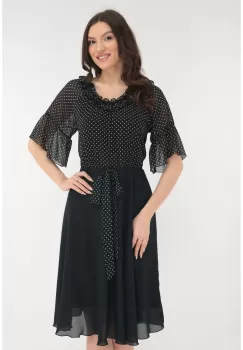 Rochie eleganta din voal bleumarin si voal cu buline crem imagine