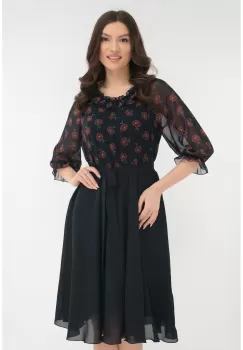 Rochie eleganta din voal bleumarin si voal cu print caramiziu imagine